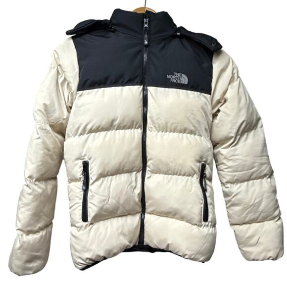 The North Face Kids Puffer Jacket Size 11-12 Black Cream Removable Hood - Picture 1 of 11